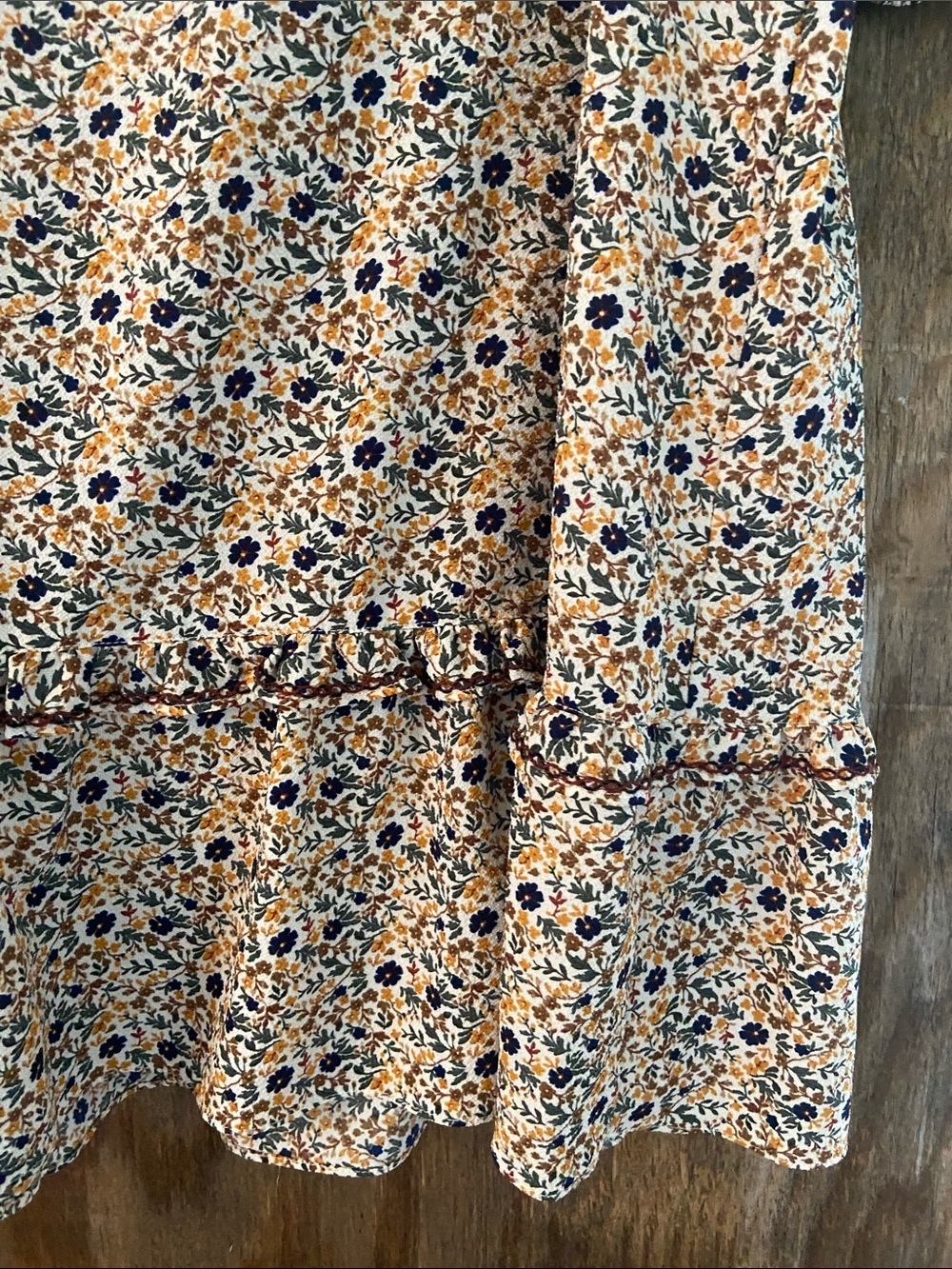 Max Studio Beige Floral Midi Dress with Navy & Mustard Accents M - Picture 4 of 9